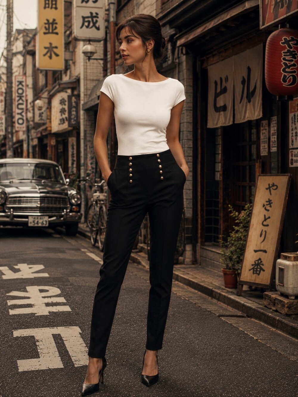 Leith Black High-Waist Skinny Pants with Gold Buttons